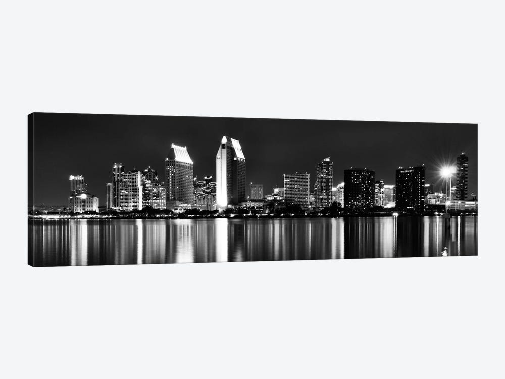 San Diego Panoramic Skyline Cityscape (Black & White - Night) 1-piece Art Print