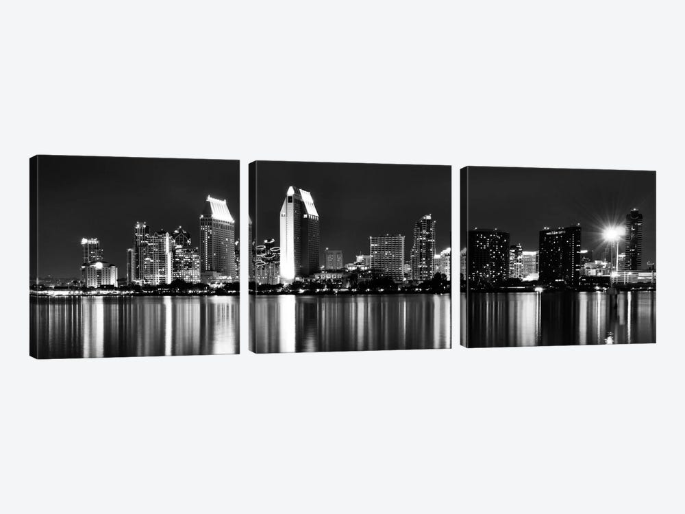 San Diego Panoramic Skyline Cityscape (Black & White - Night) 3-piece Canvas Print
