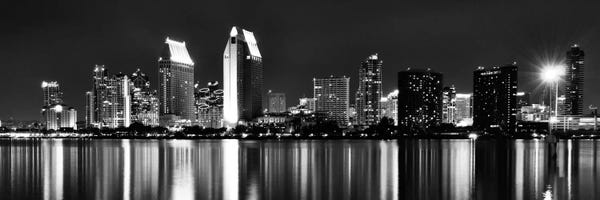 Black & White Scenic Art: San Diego Panoramic Skyline Cityscape (Black & White - Night) by Unknown Artist