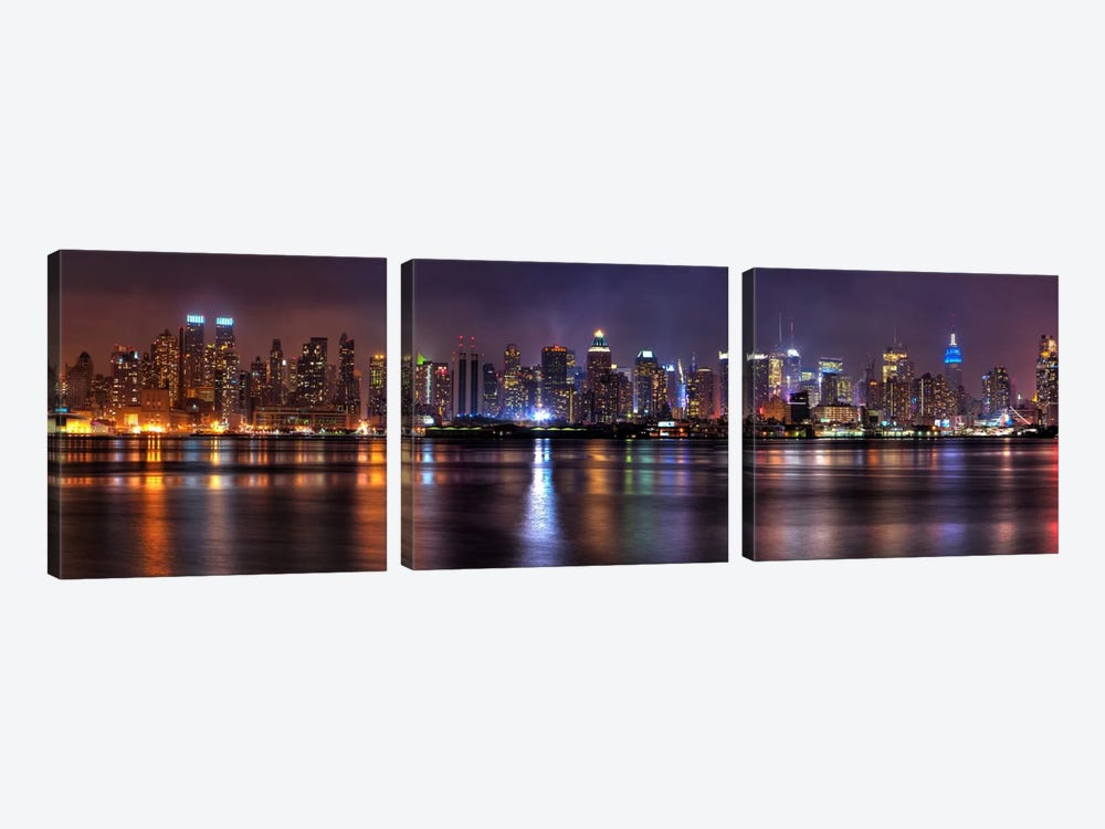 New York Panoramic Skyline Cityscape (Night) by Unknown Artist 3-piece Canvas Wall Art