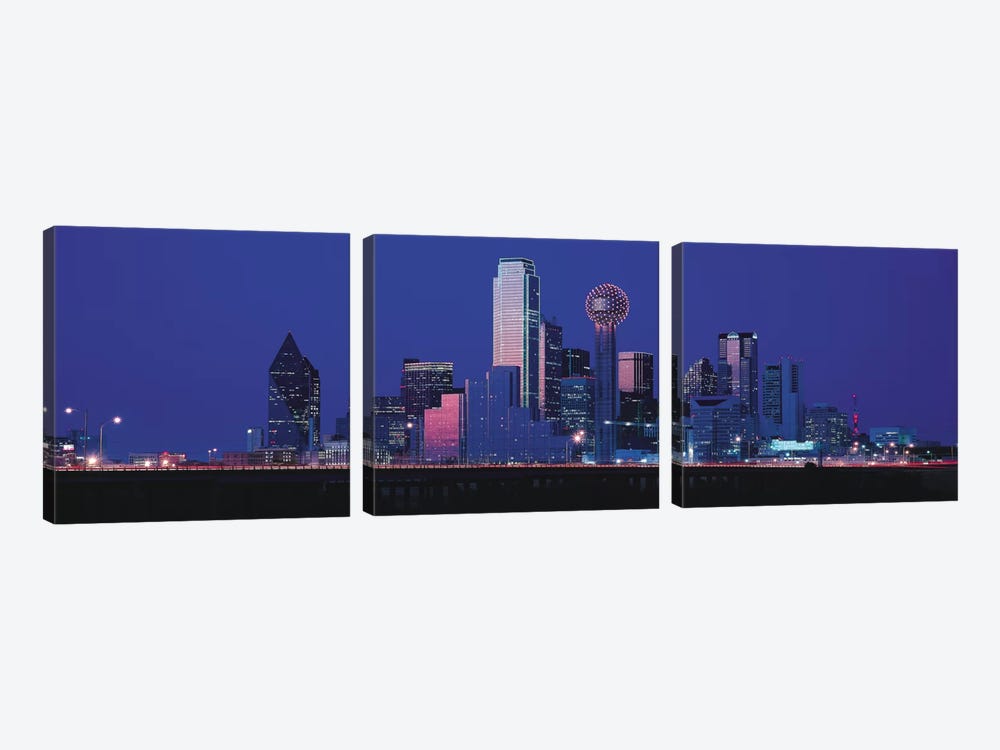 Dallas Panoramic Skyline Cityscape (Night) by Unknown Artist 3-piece Canvas Artwork