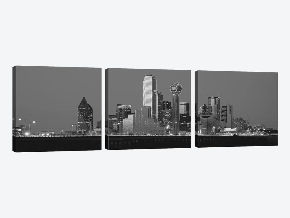 Dallas Panoramic Skyline Cityscape (Black & White - Night) 3-piece Canvas Art Print