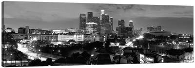 Los Angeles Panoramic Skyline Cityscape (Black & White - Night) Canvas Art Print - Panoramic Cityscapes