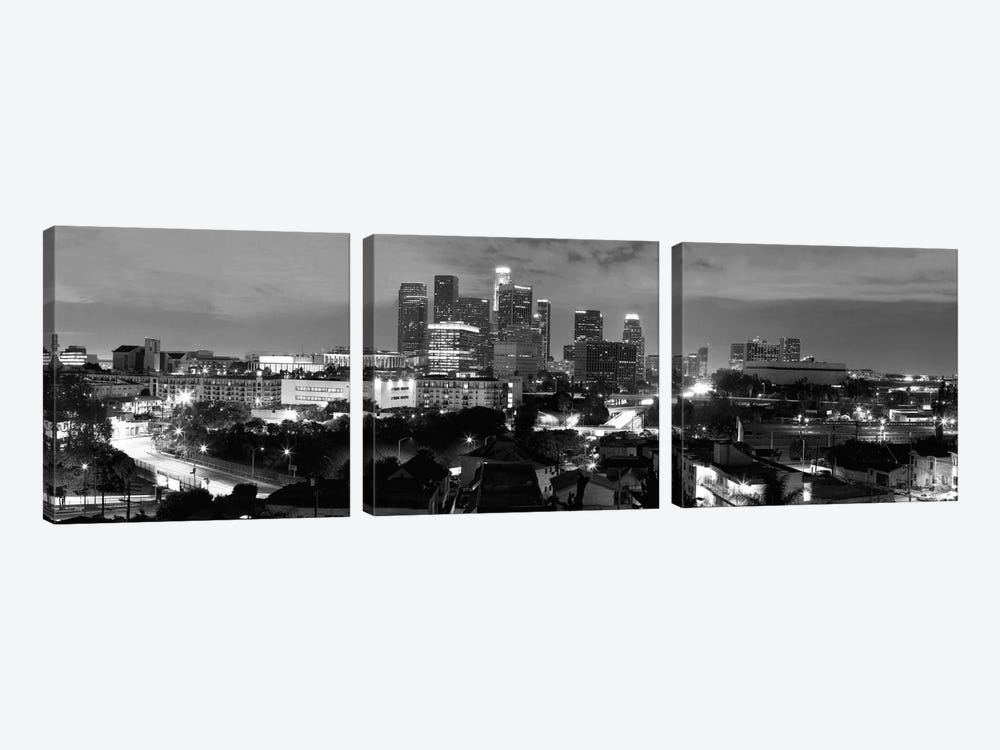 Los Angeles Panoramic Skyline Cityscape (Black & White - Night) by Unknown Artist 3-piece Canvas Wall Art