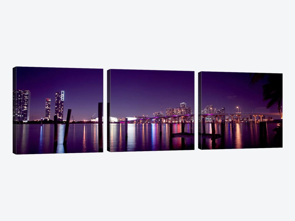 Miami Panoramic Skyline Cityscape (Night) by Unknown Artist 3-piece Canvas Artwork