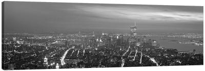 New York Panoramic Skyline Cityscape (Black & White - Night) Canvas Art Print - Black & White Cityscapes