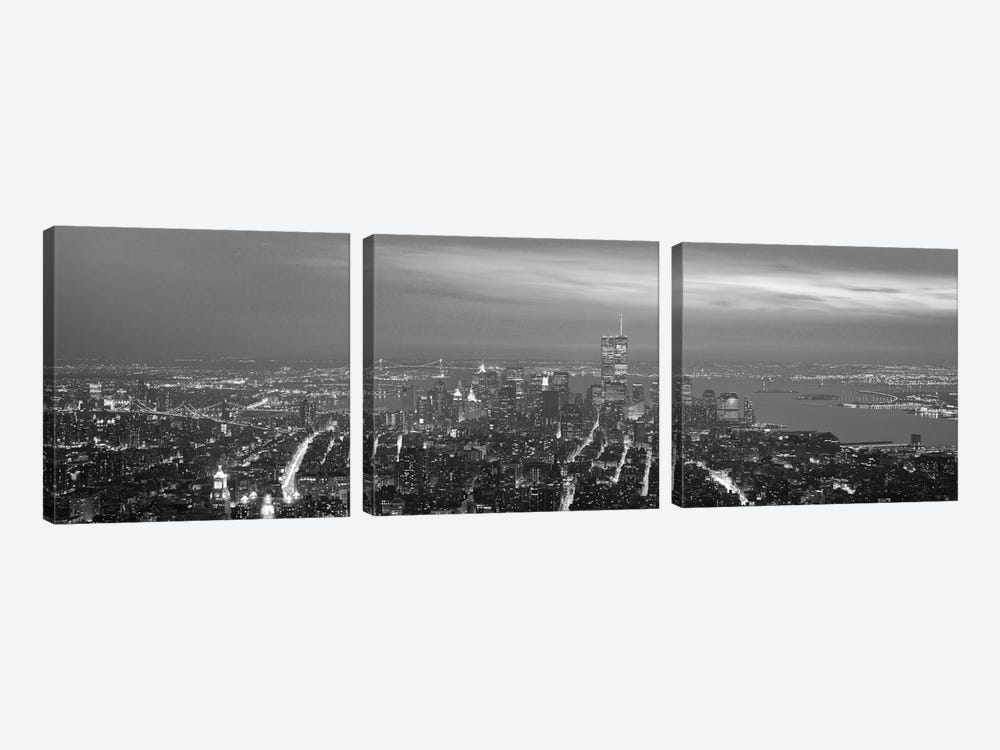 New York Panoramic Skyline Cityscape (Black & White - Night) by Unknown Artist 3-piece Canvas Wall Art
