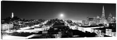 San Francisco Panoramic Skyline Cityscape (Black & White - Night) Canvas Art Print - Black & White Cityscapes
