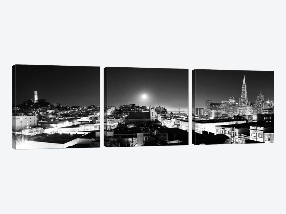 San Francisco Panoramic Skyline Cityscape (Black & White - Night) by Unknown Artist 3-piece Canvas Wall Art