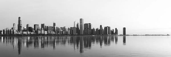 Rivers, Lakes & Waterfronts: Chicago Panoramic Skyline Cityscape (Black & White - Sunrise) by Unknown Artist