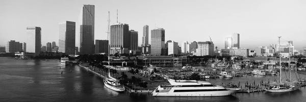 Harbors: Miami Panoramic Skyline Cityscape (Black & White - Sunrise) by Unknown Artist