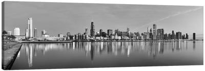 Chicago Panoramic Skyline Cityscape (Black & White - Sunset) Canvas Art Print - Urban River, Lake & Waterfront Art
