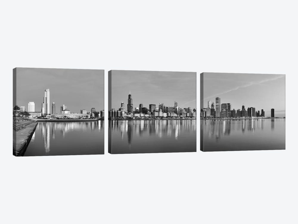 Chicago Panoramic Skyline Cityscape (Black & White - Sunset) 3-piece Canvas Wall Art