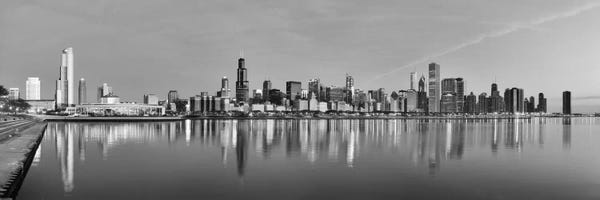 Chicago Panoramic Skyline Cityscape (Black & White - Sunset)