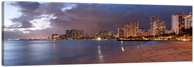 Honolulu Panoramic Skyline Cityscape (Sunset) Canvas Art Print - Lake & Ocean Sunrise & Sunset Art