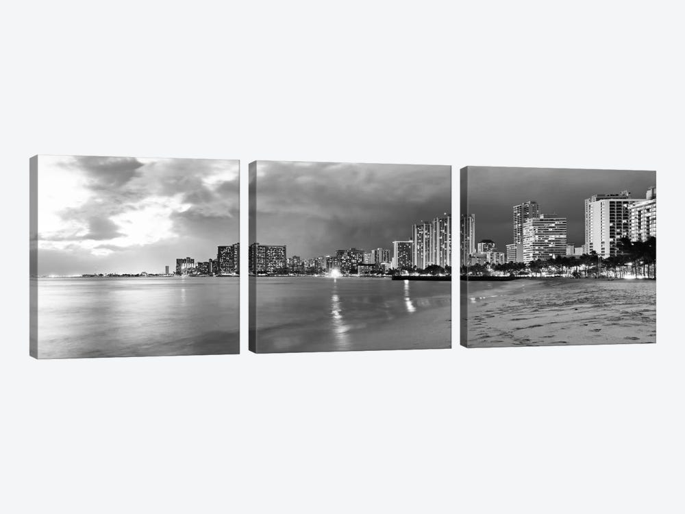 Honolulu Panoramic Skyline Cityscape (Black & White - Sunset) by Unknown Artist 3-piece Canvas Wall Art