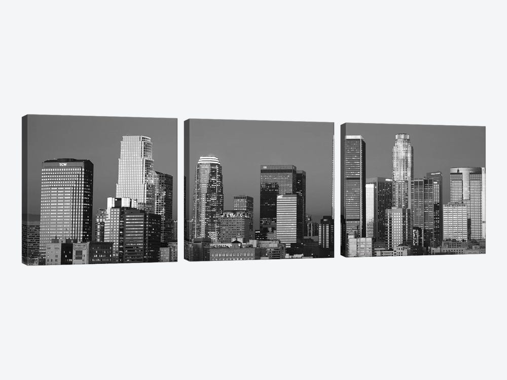 Los Angeles Panoramic Skyline Cityscape (Black & White - Sunset) by Unknown Artist 3-piece Canvas Print