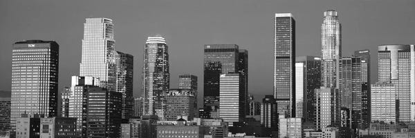 Los Angeles Skylines: Los Angeles Panoramic Skyline Cityscape (Black & White - Sunset) by Unknown Artist