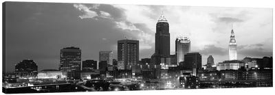 Cleveland Panoramic Skyline Cityscape (Black & White - Sunset) Canvas Art Print - Panoramic Cityscapes
