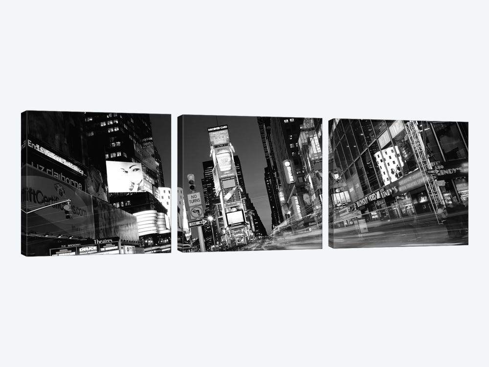New York Panoramic Skyline Cityscape (Black & White - Times Square at Night) 3-piece Canvas Wall Art