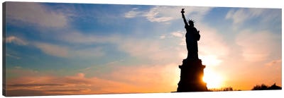 New York Panoramic Skyline Cityscape (Statue of Liberty - Sunset) Canvas Art Print - Cloudy Sunset Art