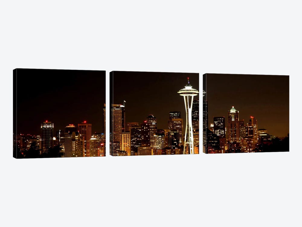 Seattle Panoramic Skyline Cityscape (Night) by Unknown Artist 3-piece Canvas Art