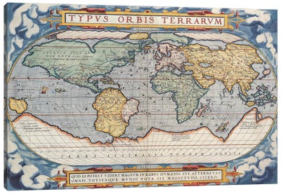 Antique Map of The World, 1570 Canvas Art Print - Antique & Collectible Art