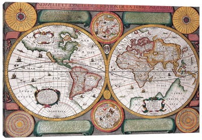 Antique Map, Terre Universelle, 1594 Canvas Art Print - Maps & Geography