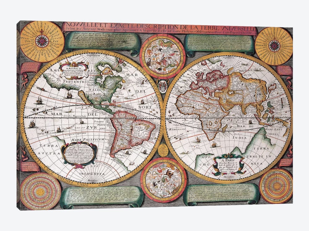 Antique Map, Terre Universelle, 1594 by Unknown Artist 1-piece Canvas Art