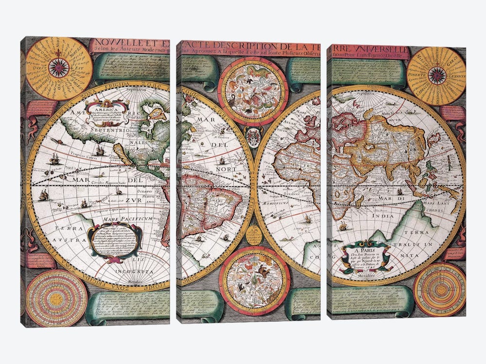 Antique Map, Terre Universelle, 1594 by Unknown Artist 3-piece Canvas Artwork