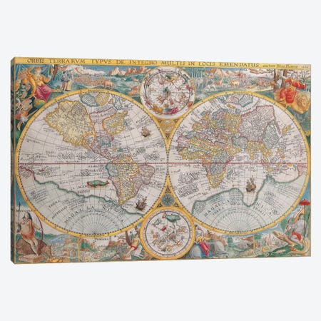 Antique Map of The World, 1594 Canvas Print #7014} by Unknown Artist Canvas Wall Art