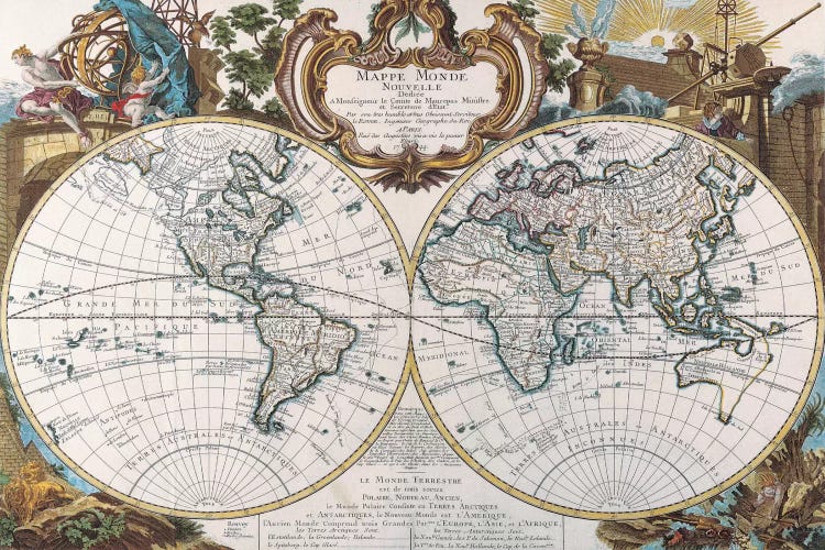 Large Framed Print Double Hemisphere World Map Vintage Style Picture Poster 