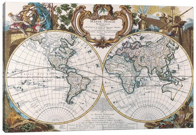 Antique Double Hemisphere Map of The World Canvas Art Print - Antique & Collectible Art