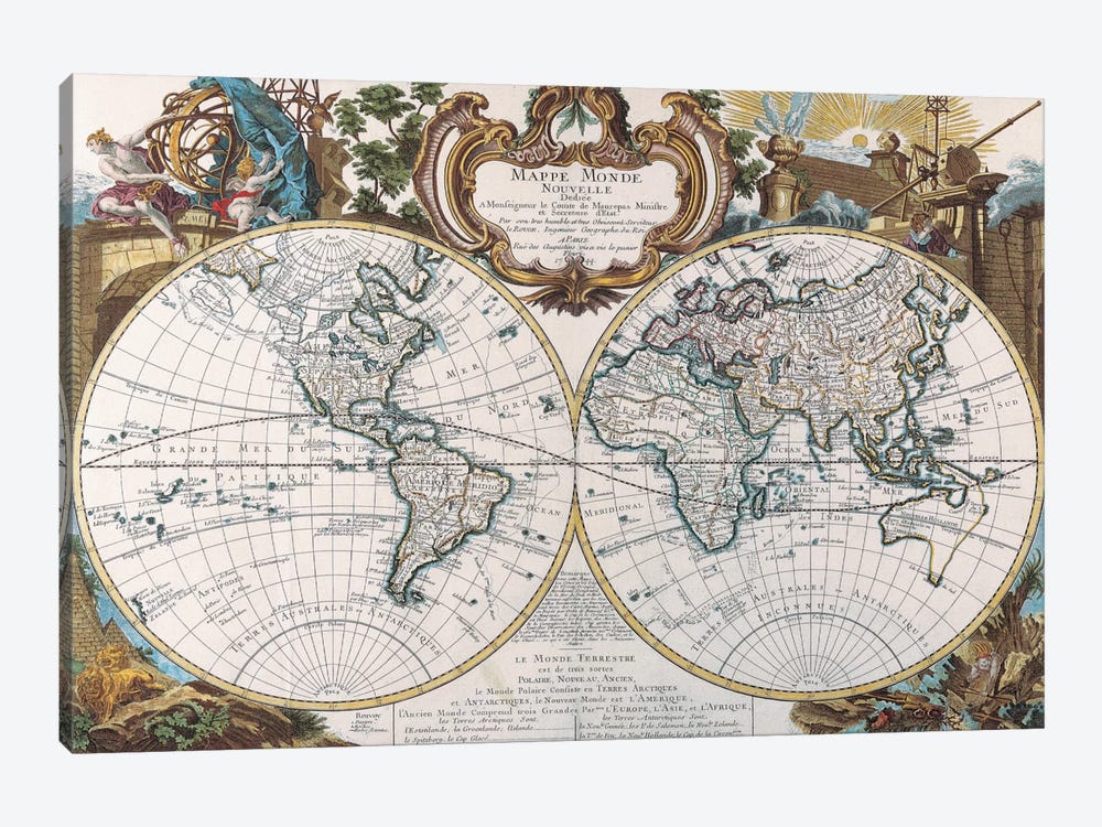 Antique Double Hemisphere Map of The World 1-piece Canvas Wall Art