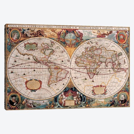 Antique World Map Canvas Print #7016} by Henricus Hondius Canvas Wall Art