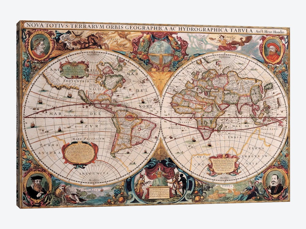 Antique World Map by Henricus Hondius 1-piece Canvas Art Print