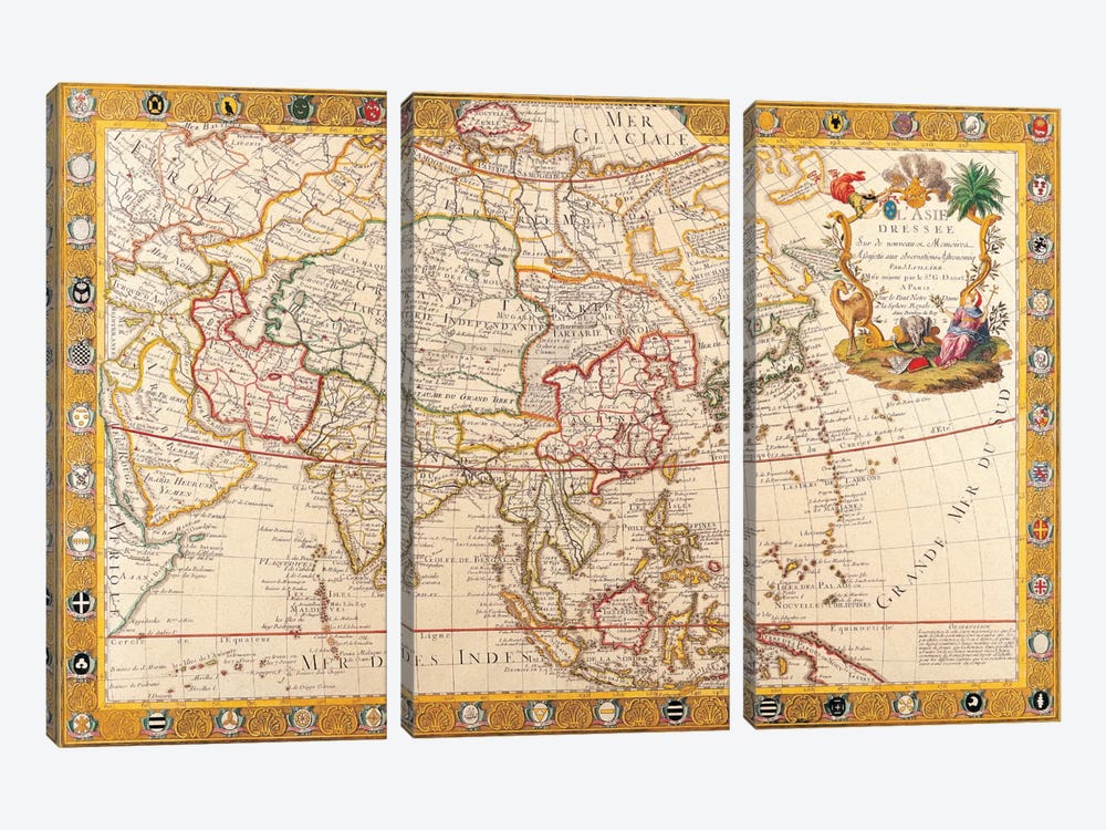 Antique Map of Asia by Unknown Artist 3-piece Canvas Wall Art