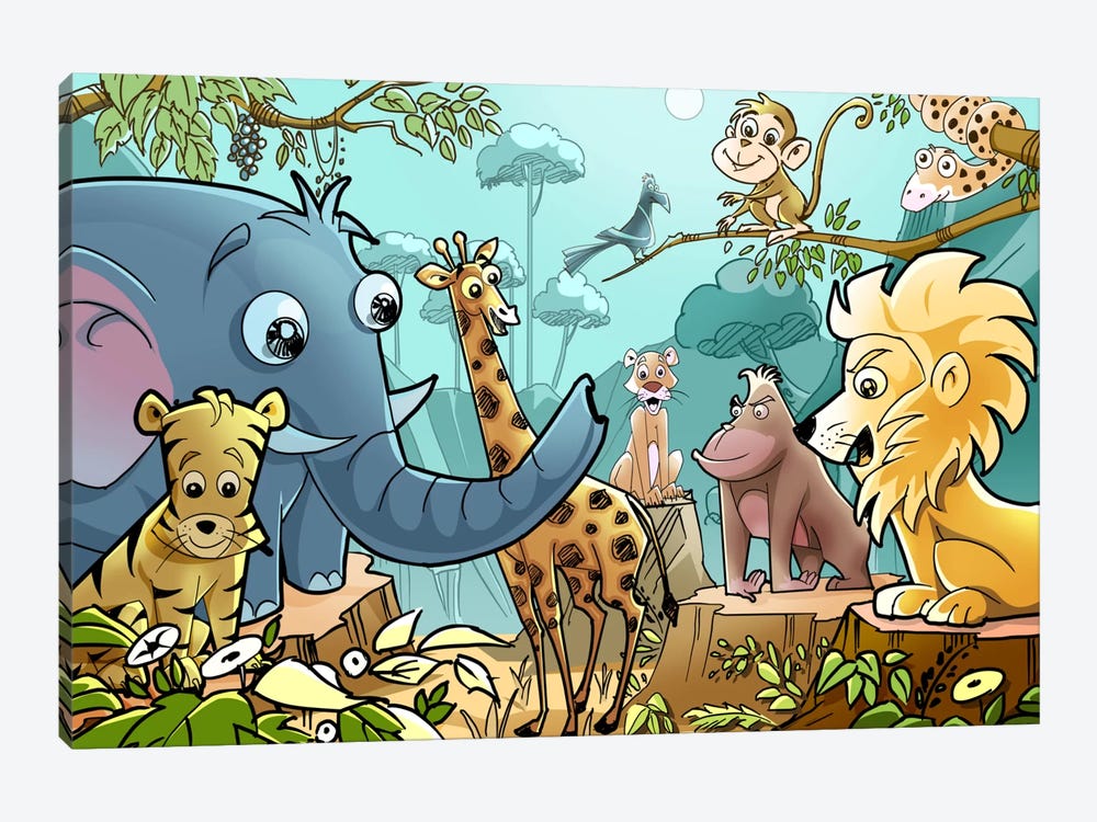 Jungle Cartoon Animals by Unknown Artist 1-piece Canvas Art Print