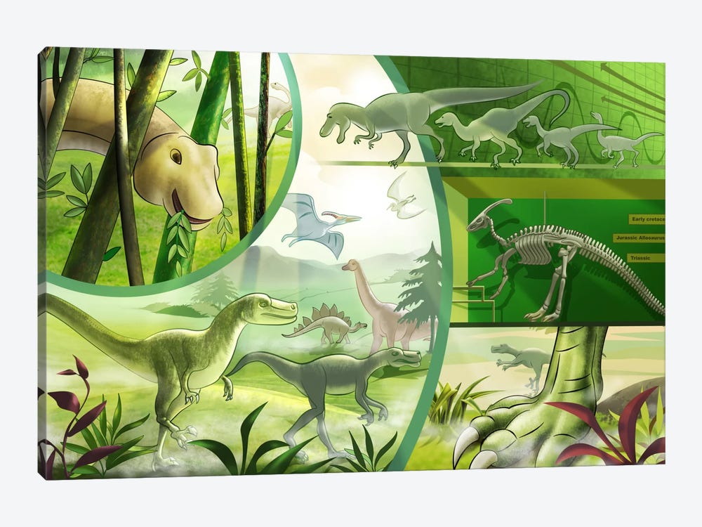 Jurassic Cartoon Dinosaurs by Unknown Artist 1-piece Canvas Print