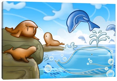 Seals Dolphins & Whale Canvas Art Print - Walrus Art