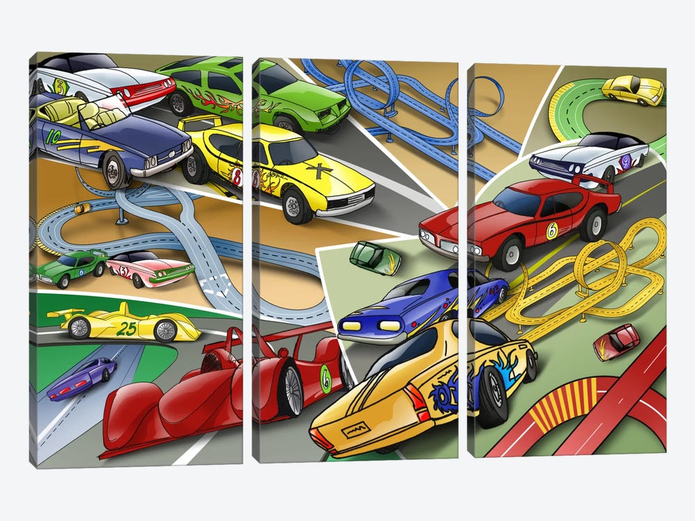 Cartoon Racing Cars by Unknown Artist 3-piece Canvas Artwork