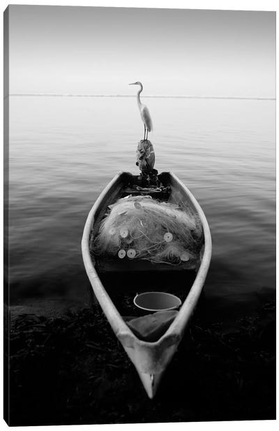 Canoe And A Heron Canvas Art Print - Black & White Animal Art