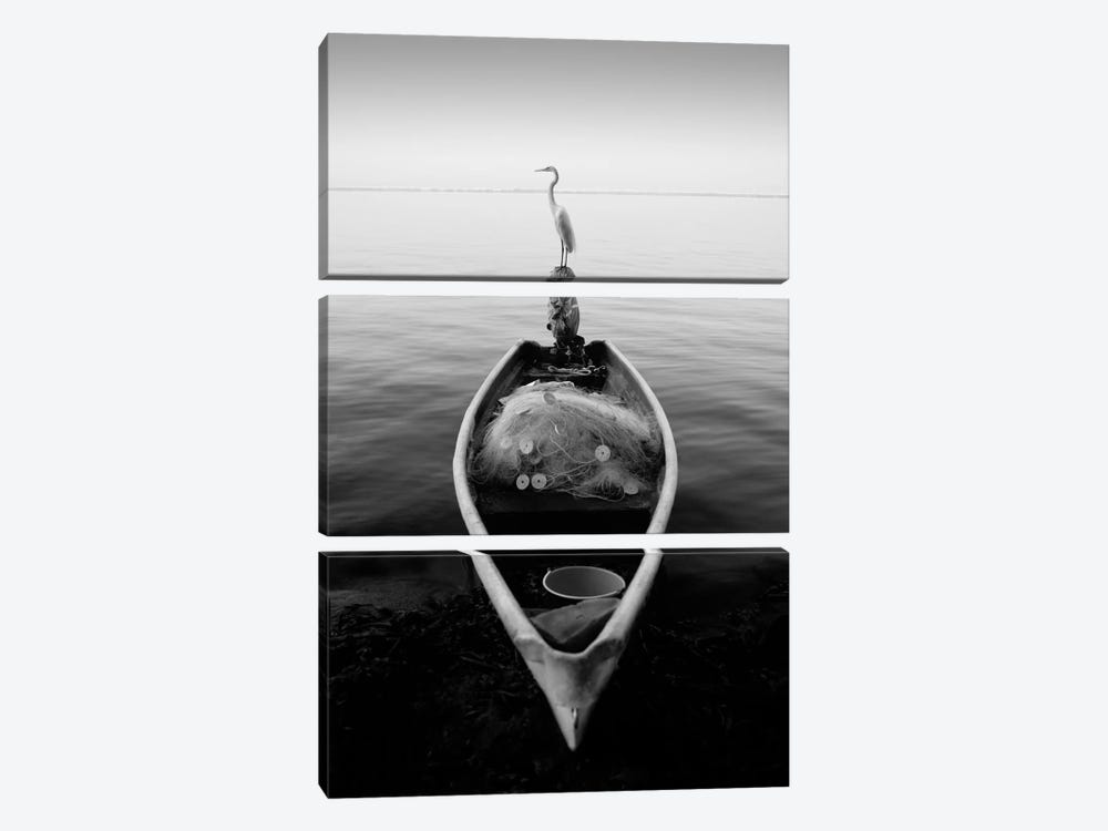 Canoe And A Heron by Moises Levy 3-piece Canvas Print