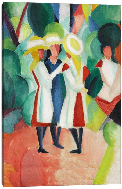Three Girls in Yellow Straw Hats Canvas Art Print - August Macke