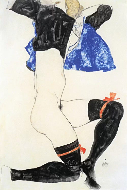 Semi-nude in Black Stockings and Red Garter by Egon Schiele wall art
