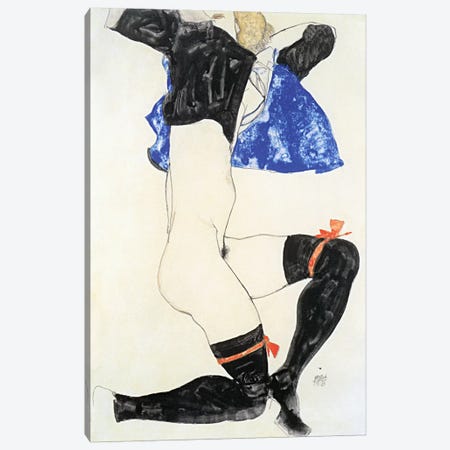 Semi-nude in Black Stockings and Red Garter Canvas Print #8095} by Egon Schiele Canvas Artwork