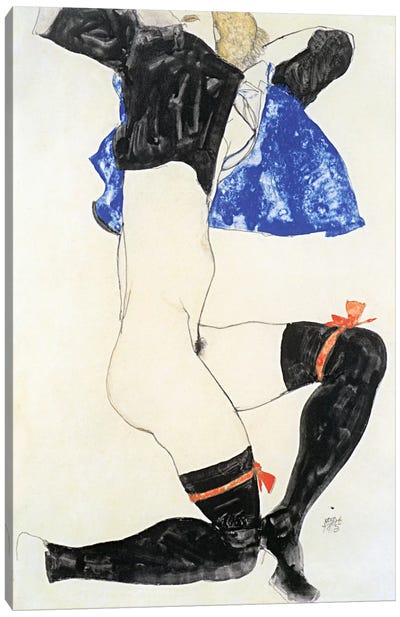 Semi-nude in Black Stockings and Red Garter Canvas Art Print - Egon Schiele
