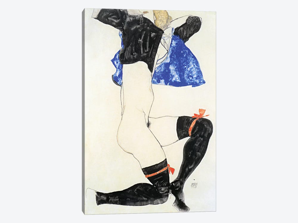 Semi-nude in Black Stockings and Red Garter by Egon Schiele 1-piece Canvas Print