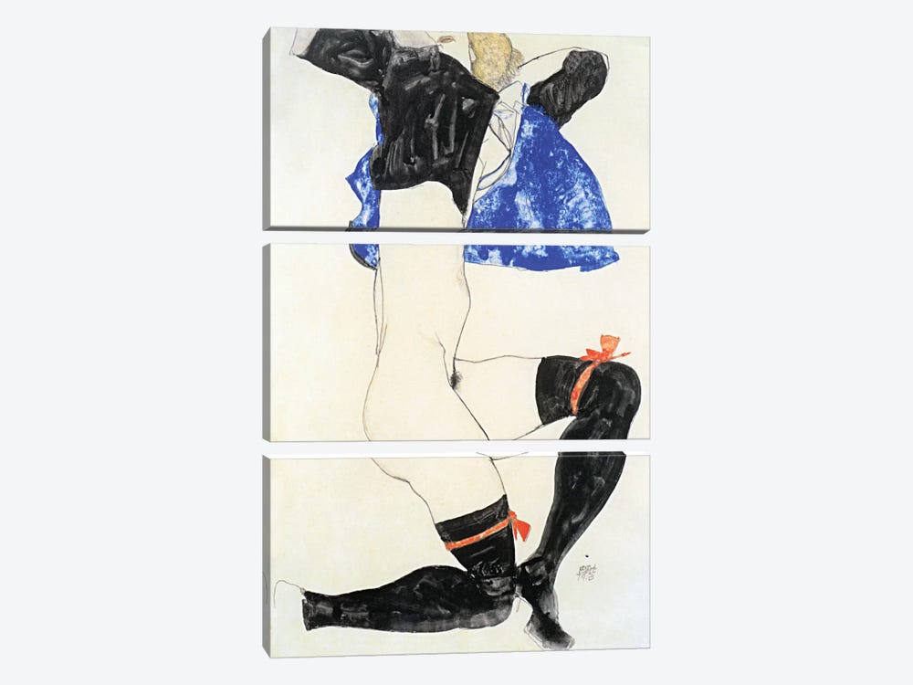 Semi-nude in Black Stockings and Red Garter by Egon Schiele 3-piece Canvas Print