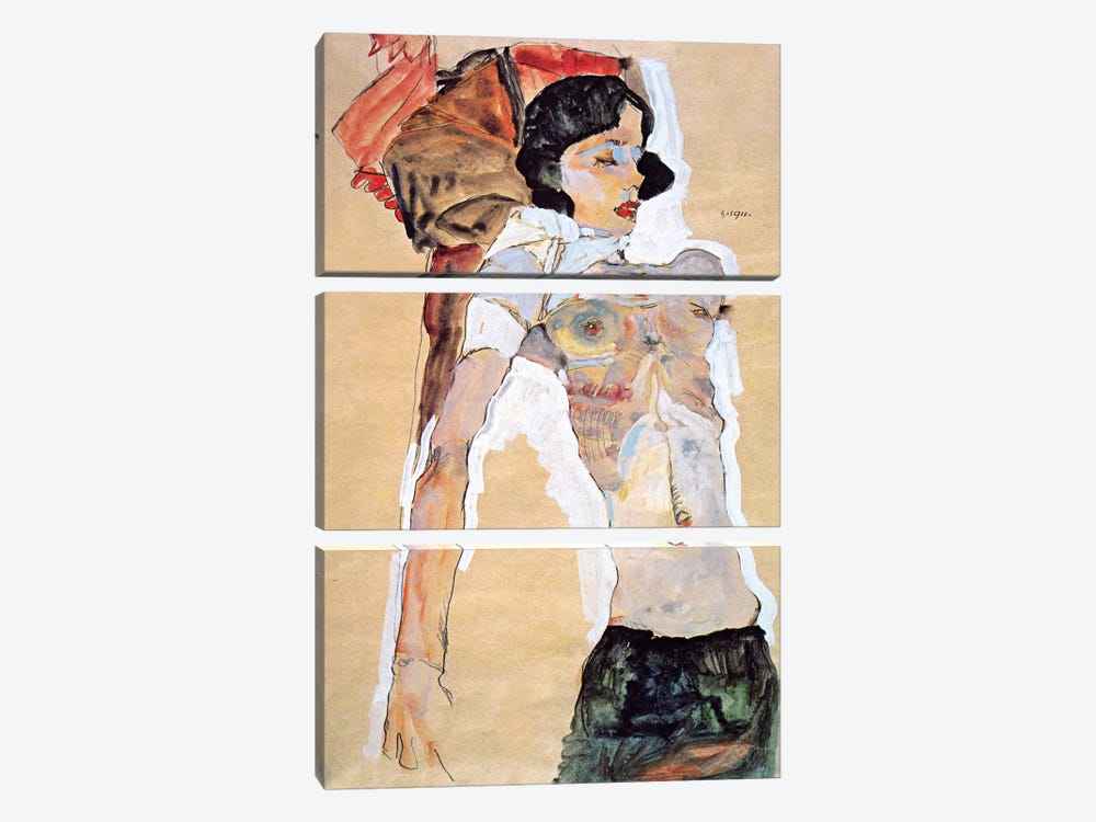 Lying Half-naked Woman by Egon Schiele 3-piece Canvas Art